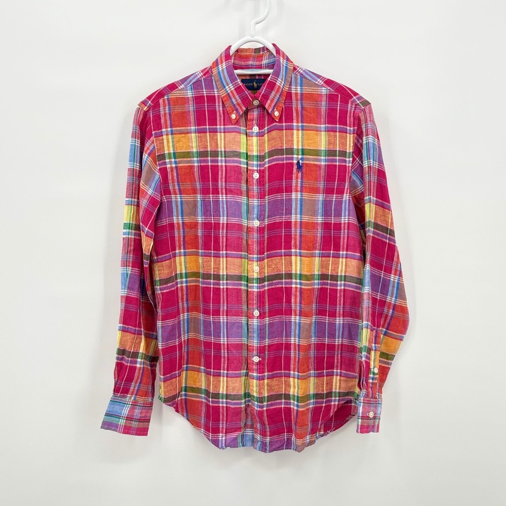 Ralph Lauren Mens XS Linen Plaid Button Down Shirt Ruby Yellow Multi New nwt